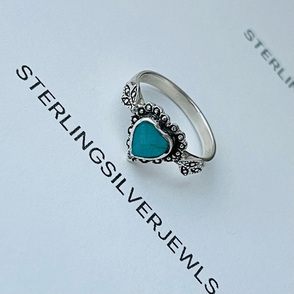 Sterling Silver Victorian Heart Synthetic Turquoise Ring, Love Silver Rings - Picture 6 of 13